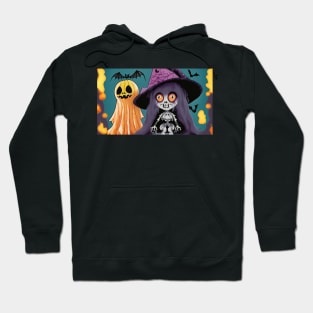 Cartoon Skeleton Doll, Ghost, and Pumpkin Hoodie